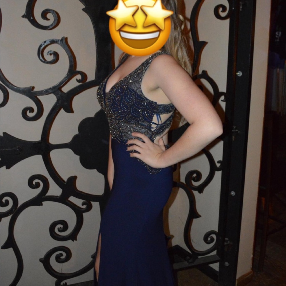 Navy blue prom dress with open back